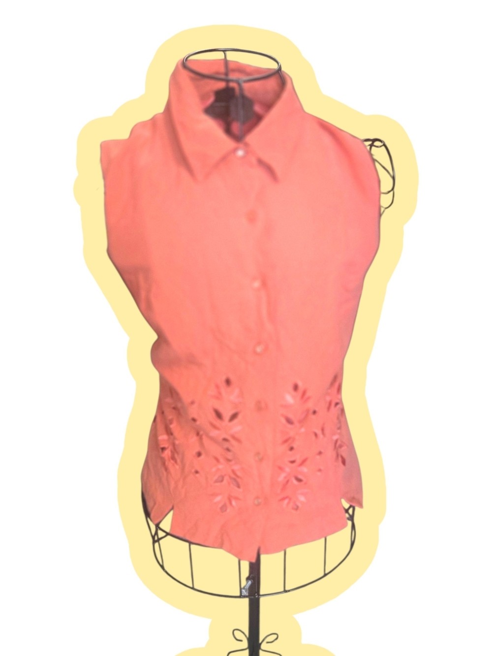 Women's Coral Sleeveless Button-Front Top with Floral Cutwork